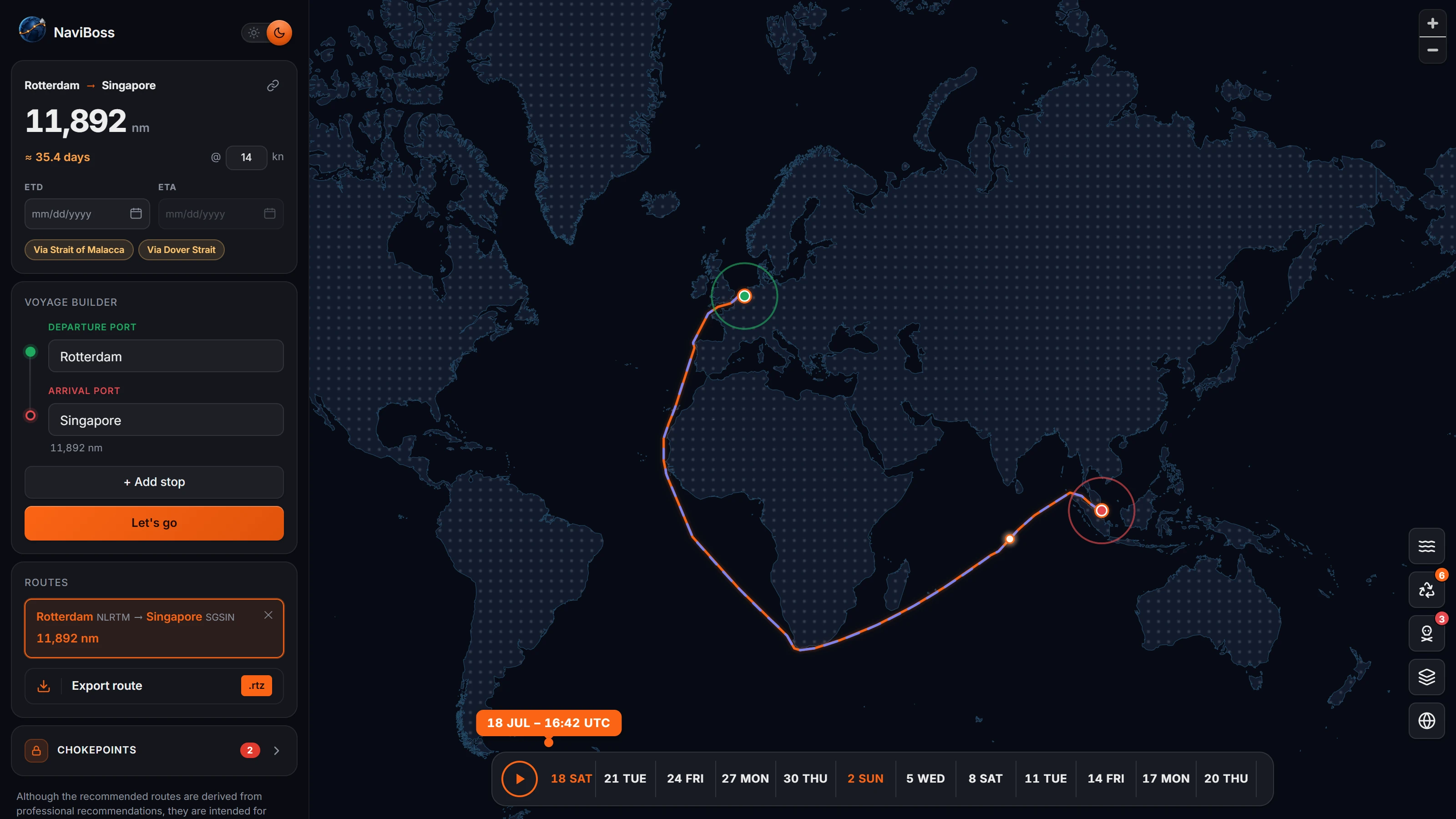 The Suez Canal blocked in NaviBoss: the voyage re-routes around the Cape of Good Hope with the added distance shown