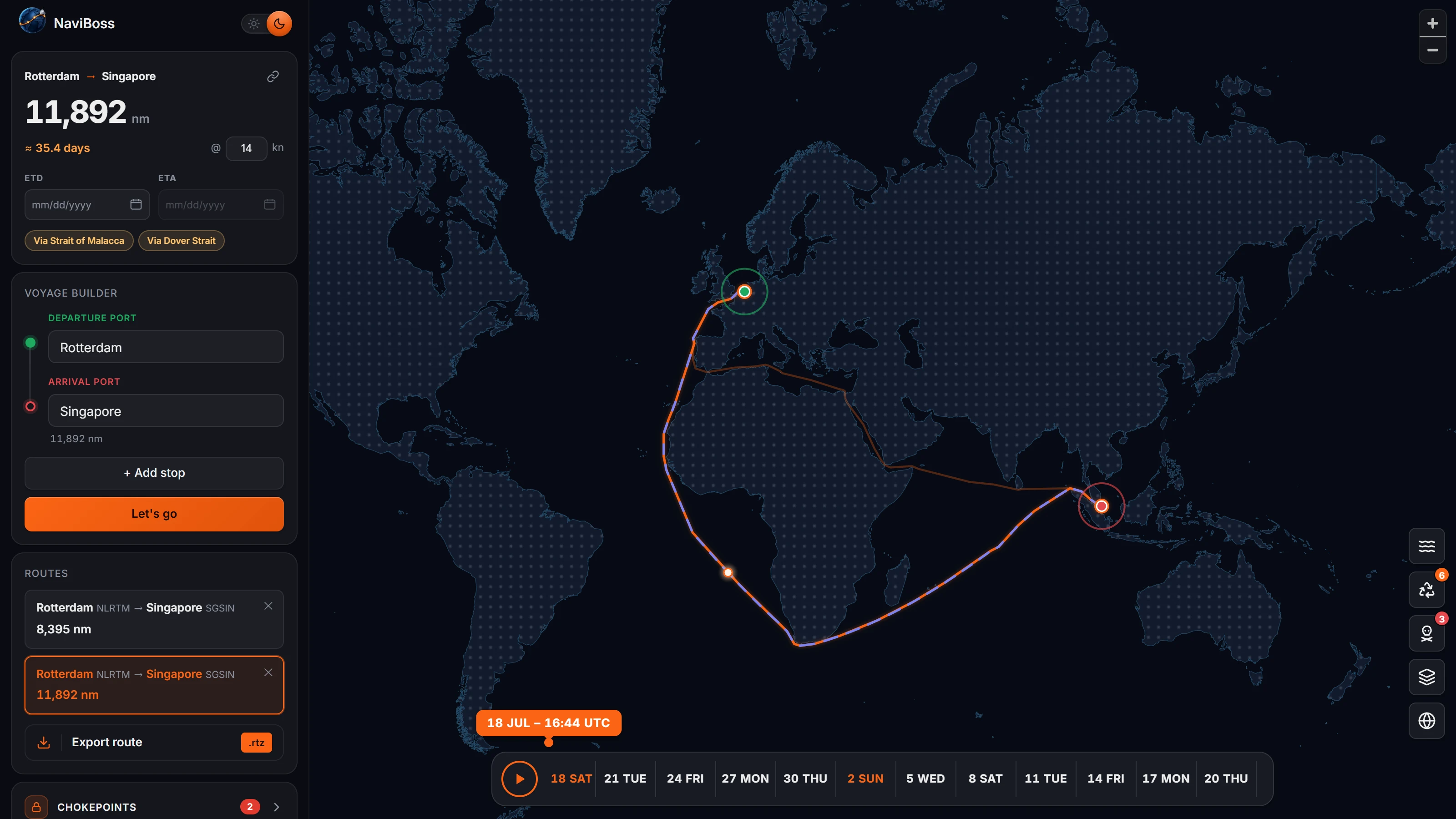 Two saved voyage scenarios compared side by side, each with its own route, distance and avoided passages