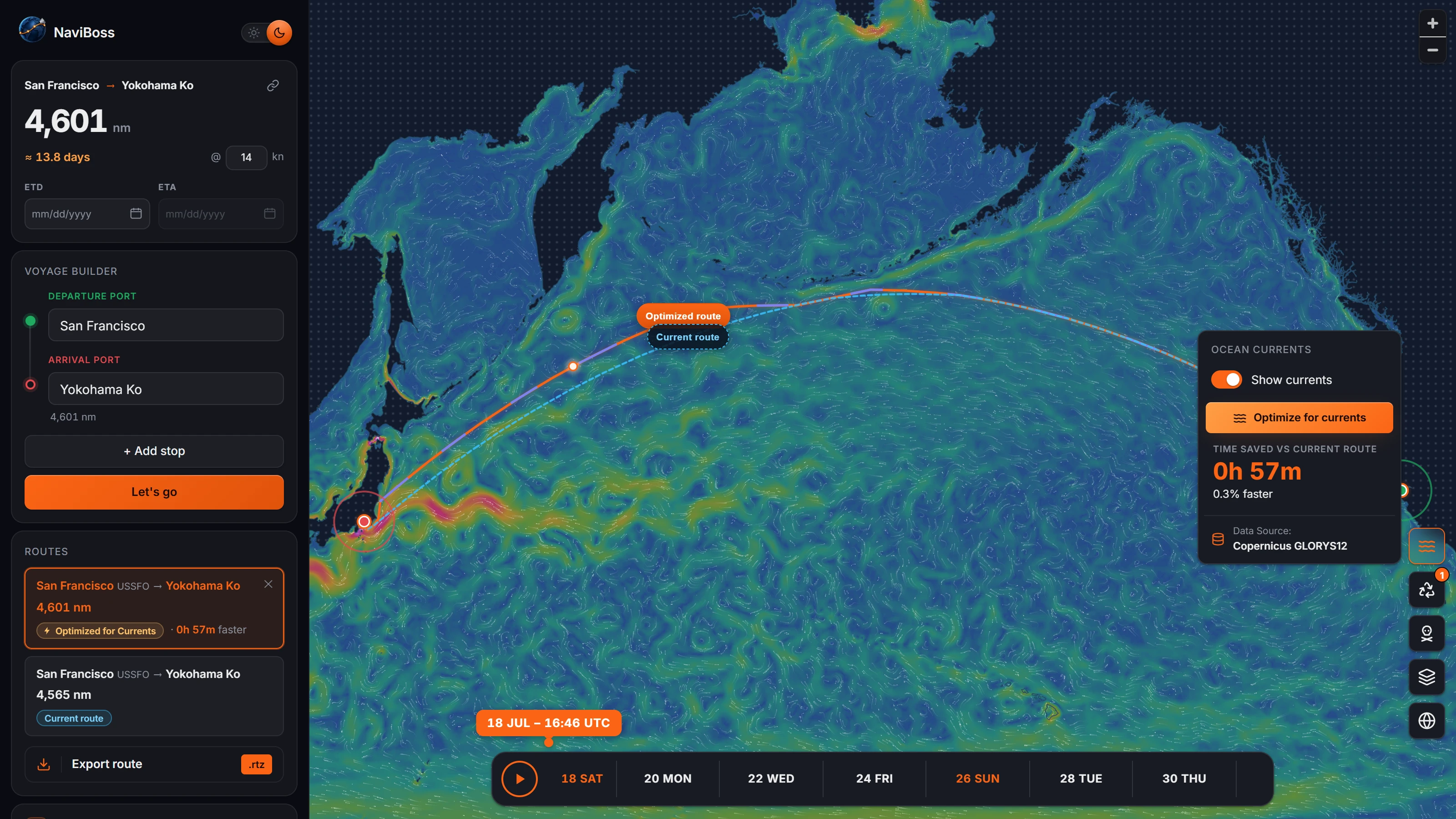 The animated ocean-currents overlay with a route optimized to ride favorable currents, showing hours saved