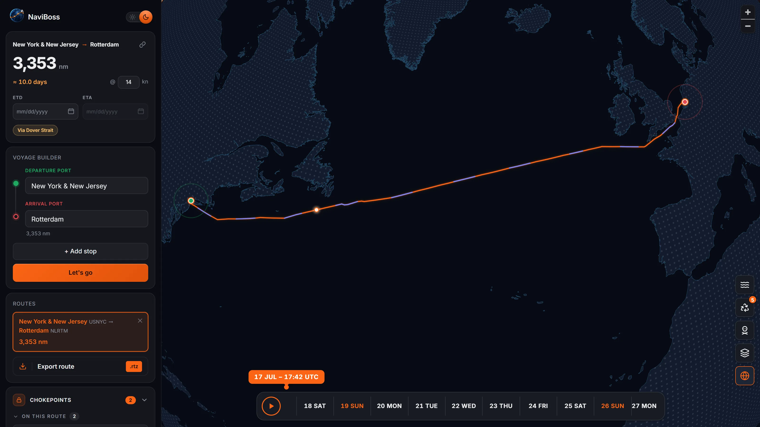A recommended route between two ports following real shipping lanes, with per-leg distances in the sidebar