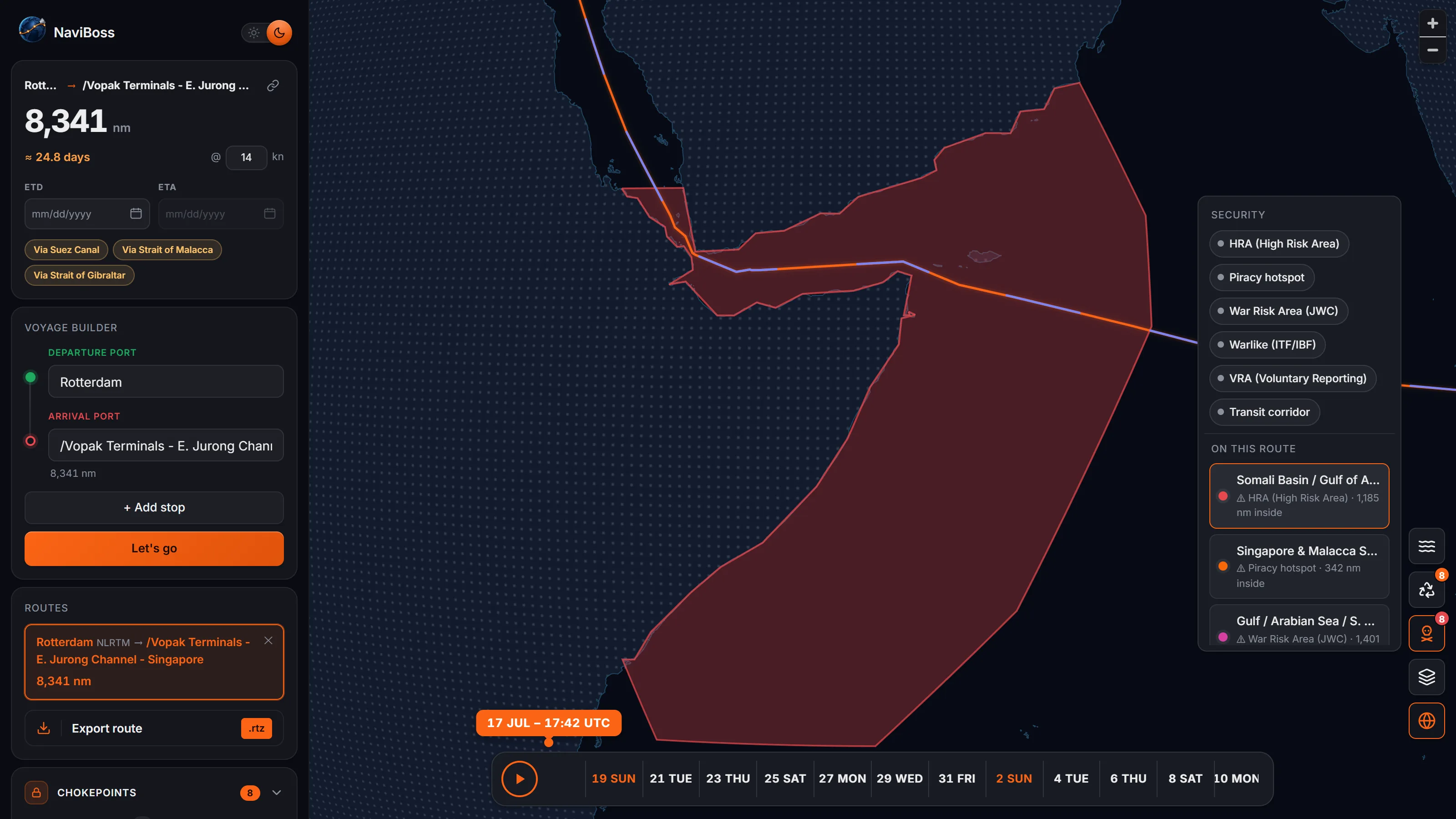 Security and emission-control zones drawn on the chart, with the miles the route runs inside each zone listed